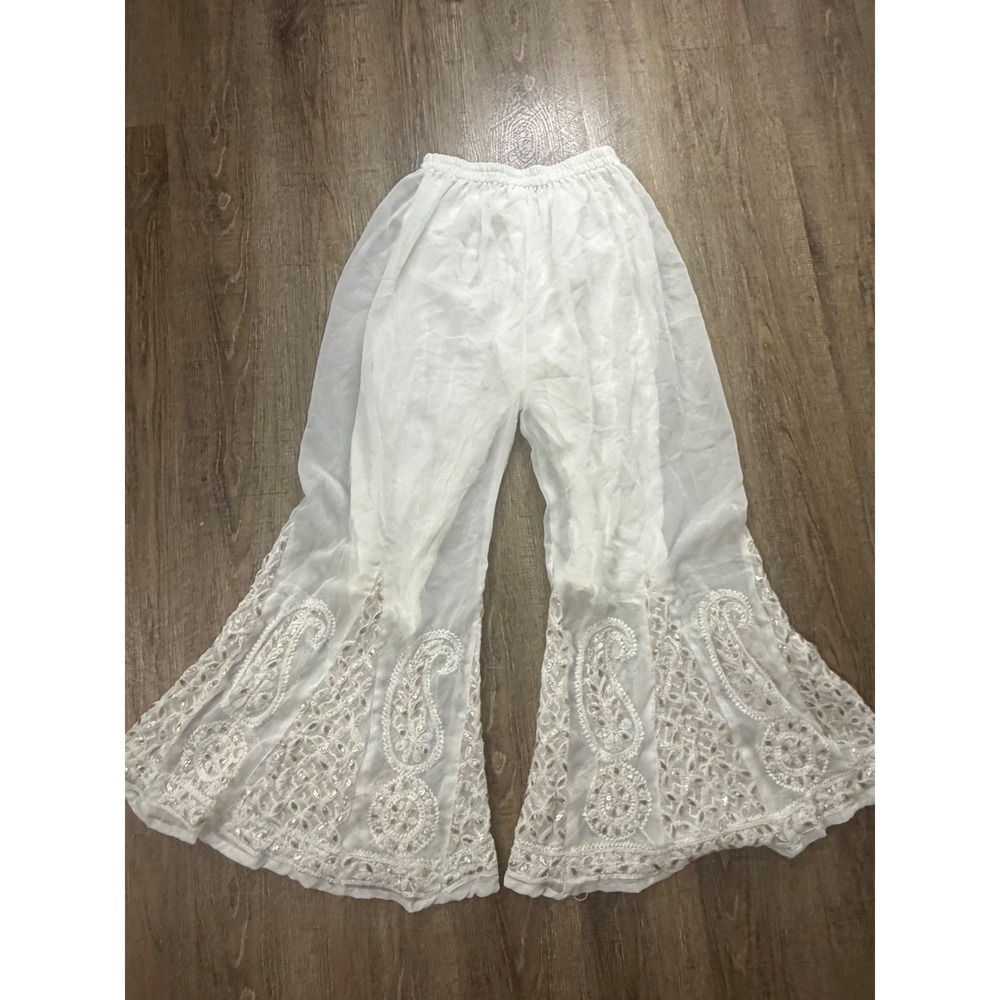 White Paisley Embroidered Sequin Flare Wide Leg Sheer Boho Pants Small